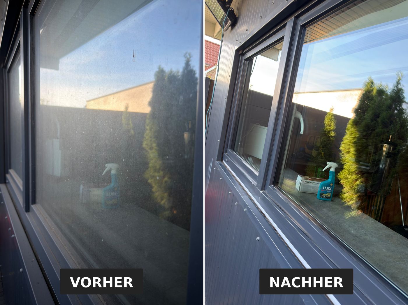 Fenster mit Kunststoffrahmen vor und nach der Reinigung